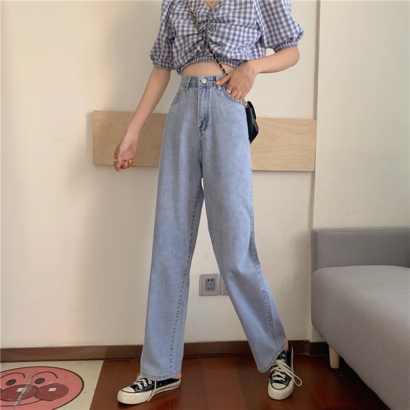 Jeans Wanita Loose High Waist Celana jins Korean Style Straight Pants