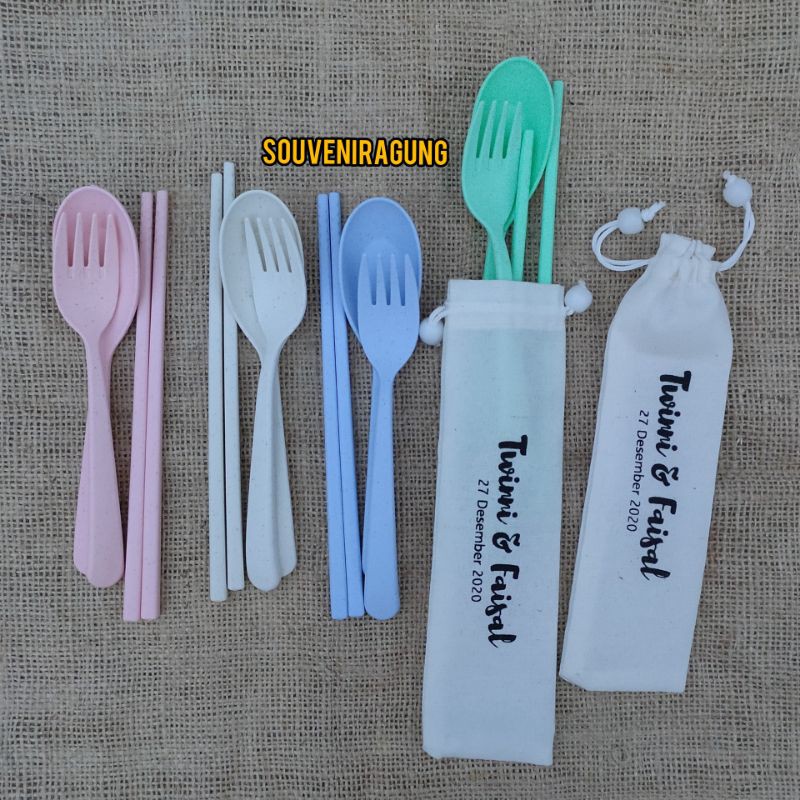 Jual Souvenir Sendok Garpu Sumpit Jerami Gandum Sendok Set Travel