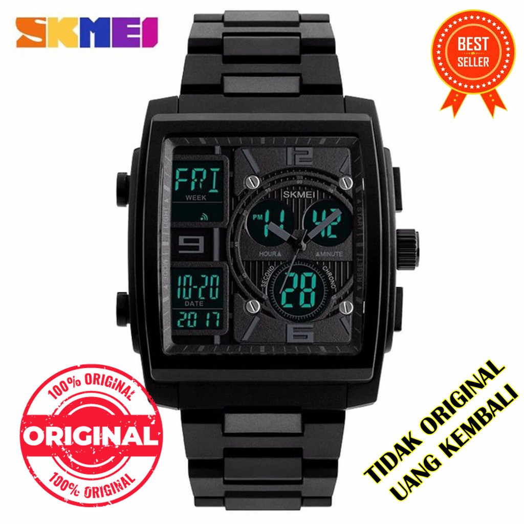 Jam Tangan Pria Digital Analog Model Kotak Trendy Hitam Waterproof - SKMEI 1274