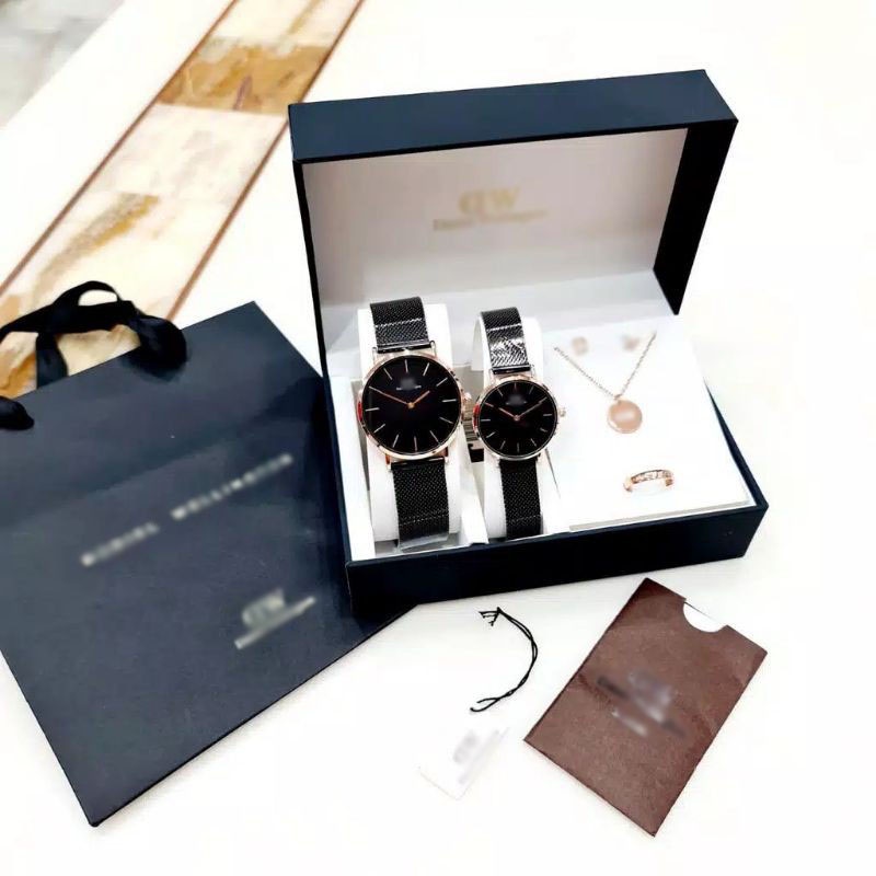 TERLARIS!! Jam Tangan Couple/Single Kulit/Rantai Pasir Paket Aksesoris Box Exclusive dan Paperbag D1456W Analog Tali Kulit