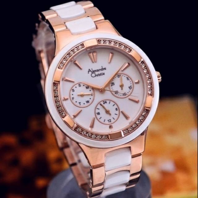 Jam Tangan Wanita Alexandre Christie AC 2299 Original White Rosegold