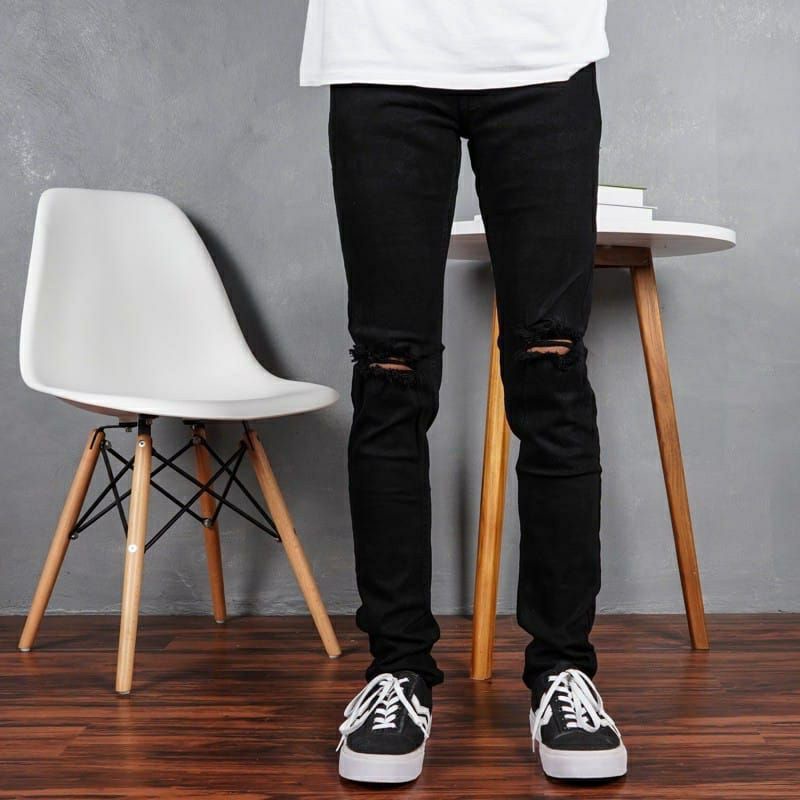 Celana jeans sobek lutut pria ripped jeans softjeans stretch lentur karet melar hitam skinny slimfit