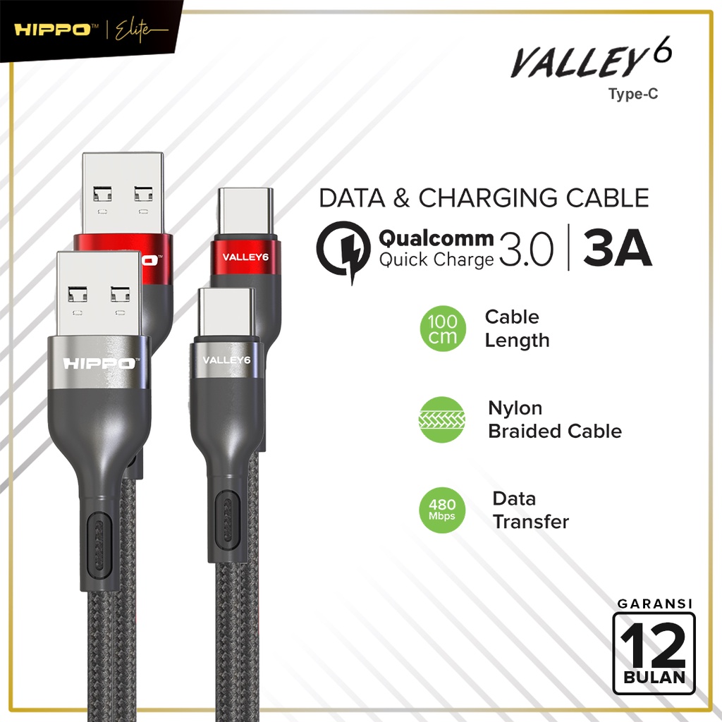 Hippo Kabel Data Valley 6  USB MICRO, TYPE C , LIGHTNING 3A Quick Charge 3.0 dan 2,4 Fast Charging Android Data Cable