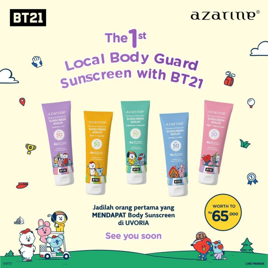 ❤ MEMEY❤ AZARINE x BT21 Body Guard Moisturizer Sunscreen Serum 100ml SPF 50 | CityDefense Aqua Essence