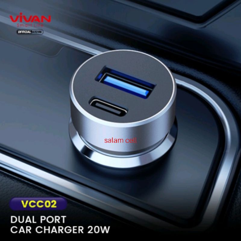 Car Charger VIVAN Casan Mobil 2 Ports USB-A 69% &amp; Type C 20W 3A QC3.0 PD Fast Charging Garansi 1 Tahun