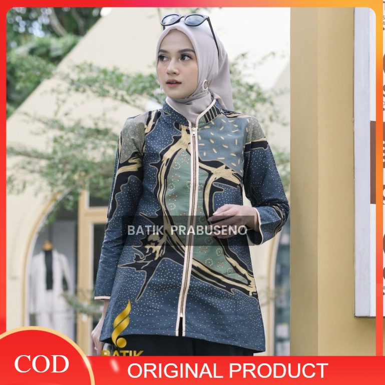 Batik Prabuseno Original Motif  Maharani Biru Blouse Batik Wanita Lengan Panjang Terbaru 2022 Model 