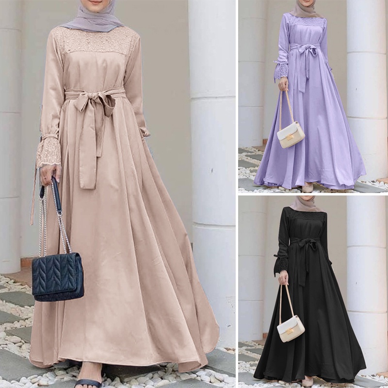 ZANZEA Women Fashion Flare Long Sleeve Solid Color Lace Patchwork Muslim Dress