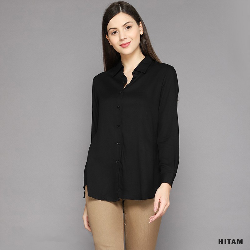 kemeja wanita polos lengan panjang basic kekinian hem cewek baju kantor slimfit simple terbaru murah-HITAM