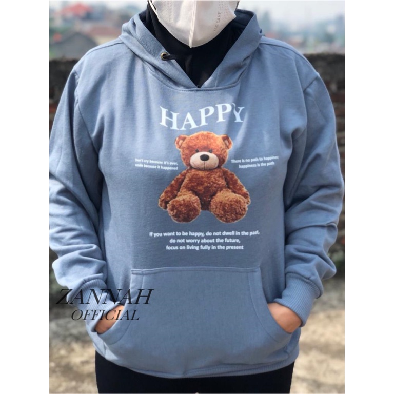 Hoodie Sweater Beruang Bear Wanita Bahan Pleece Motif Happy Bear Korean Style