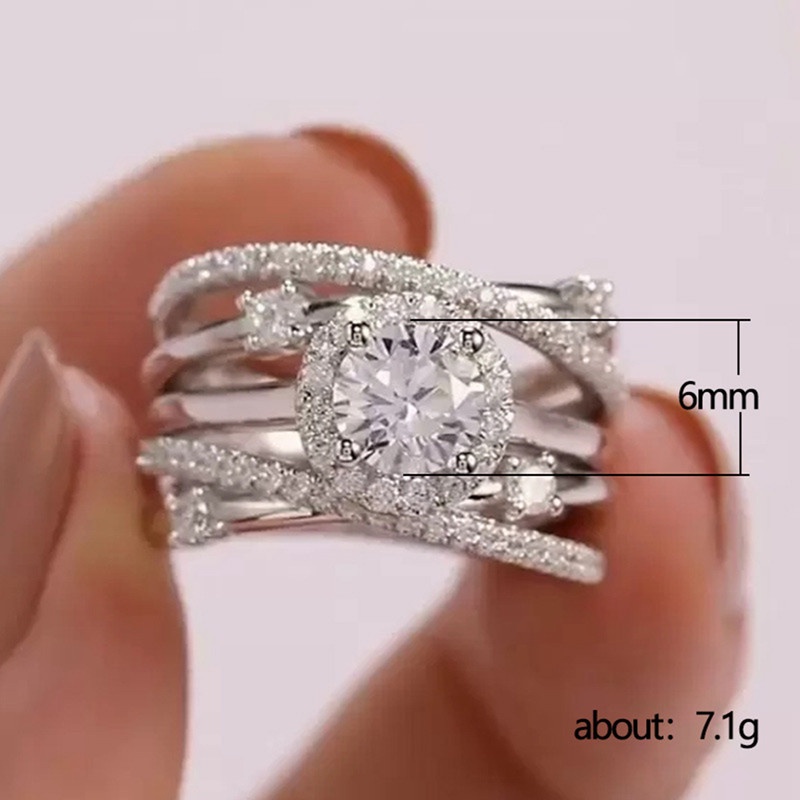 Cincin Wanita Model Silang Lebar Hias Cubic Zirconia Bling Warna Silver Untuk Pesta