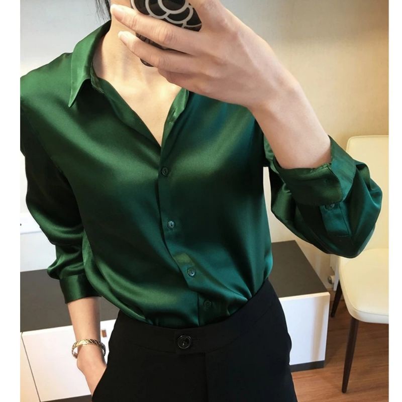 Zero~ 2520 Adella Silk Satin Plain Shirt//Atasan Kemeja &Blouse Wanita//Fashion Import-Green
