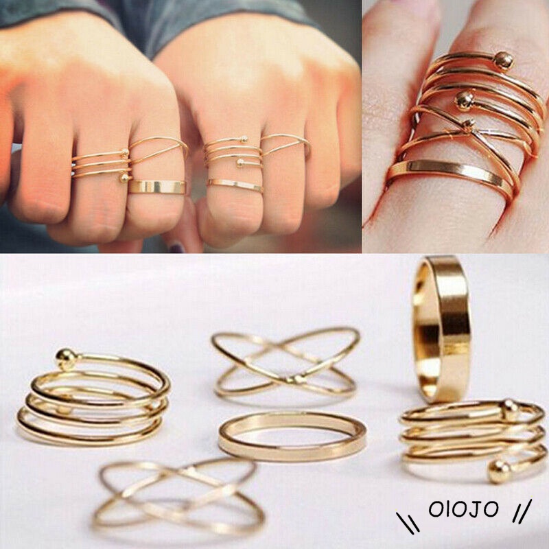 6Pcs Cincin Retro Bahan Stainless Steel Untuk Hadiah Aksesoris Fashion - Ol