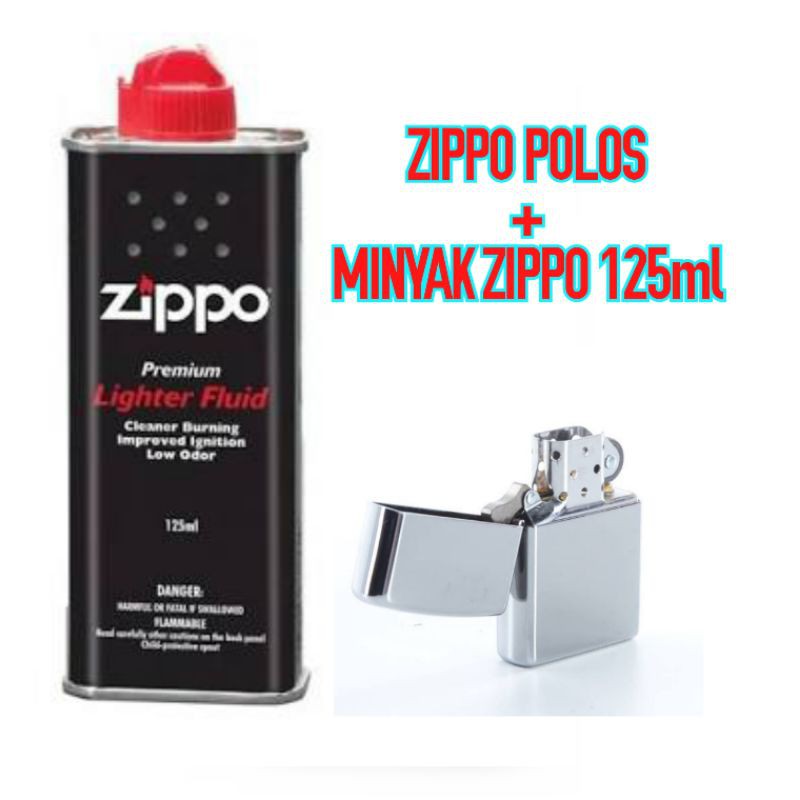 zippo polos silver + minyak zipo 125 ml korek zipo crome anti karat