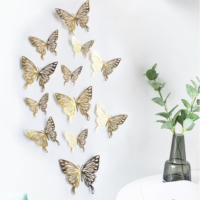 COD❤️12pcs Sticker Butterfly 3D Kupu-kupu Dekorasi Dinding Aesthetic Emas Bunga Decor Hiasan Mahar Rustic Dekorasi Wall Sticker