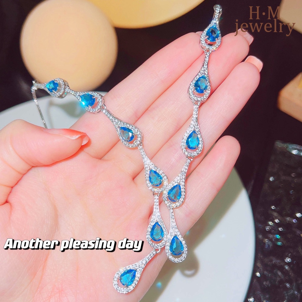 Kalung Rantai Sterling Silver 925 Dengan Liontin Batu Topaz Aquamarine Natural Untuk Wanita