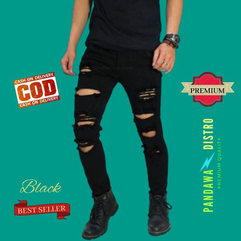 CELANA JEANS SOBEK PRIA RIPPED PENSIL SKINNY SLIMFIT DENIM STRECTH PREMIUM 27-38