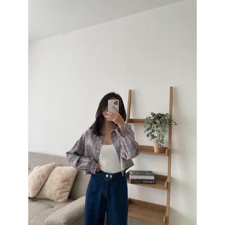 Kadaka O-0169 Plaid Crop Korean Shirt Kemeja Wanita