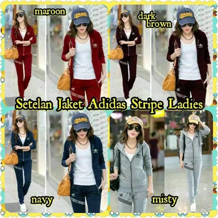 8K05- Baju Setelan Wanita Setelan Jaket Adidas Stripes - Abu-Abu Muda