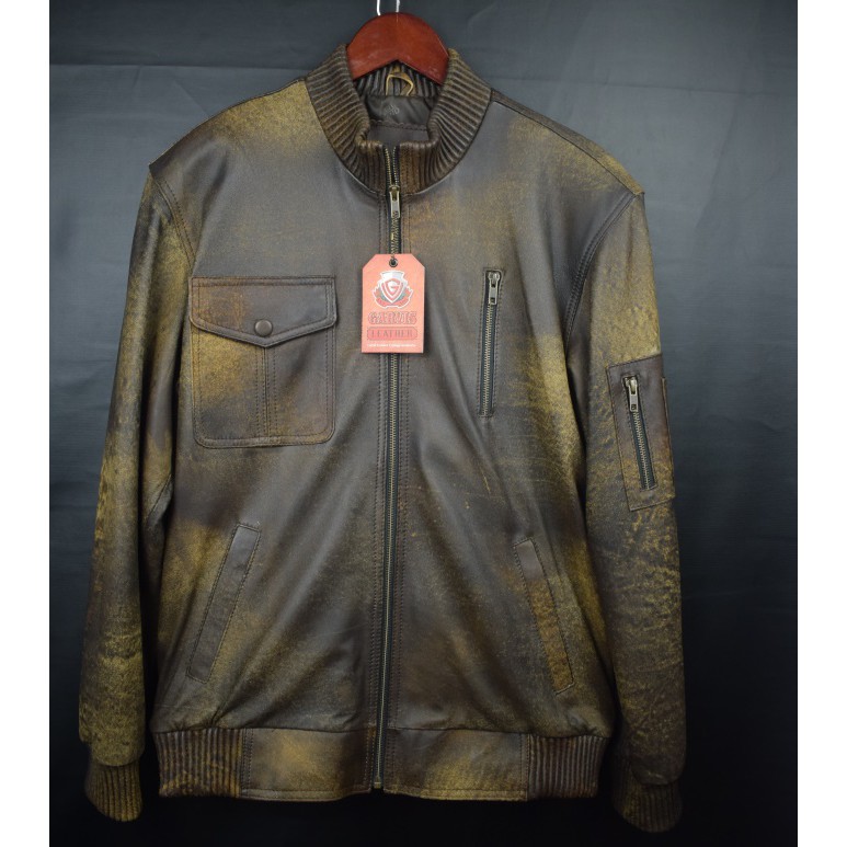 Garvis Jaket Kulit Asli untuk Pria model Bomber kamsai warna wash coklat vintage