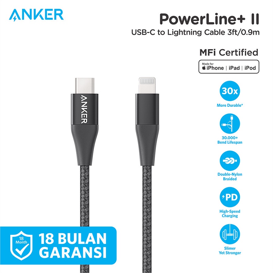 Kabel Charger Anker PowerLine+II USB-C To iPhone lightning 3Ft - A8652