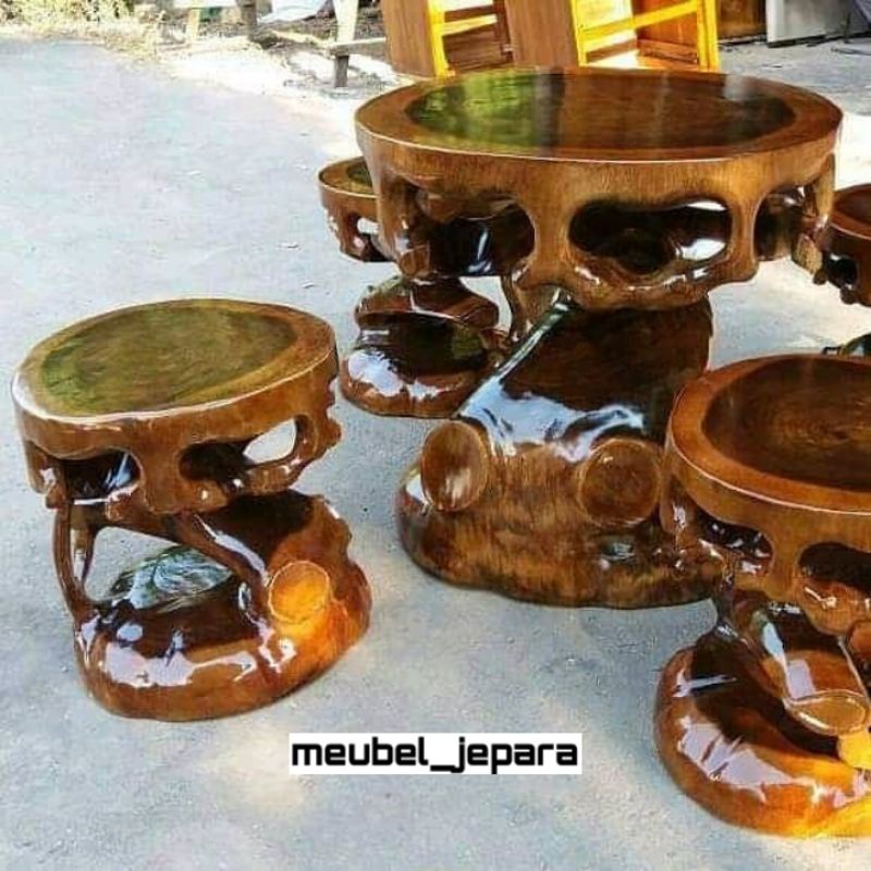 SET MEJA BONSAI KAYU TREMBESI ANTIQUE/FURNITURE JEPARA