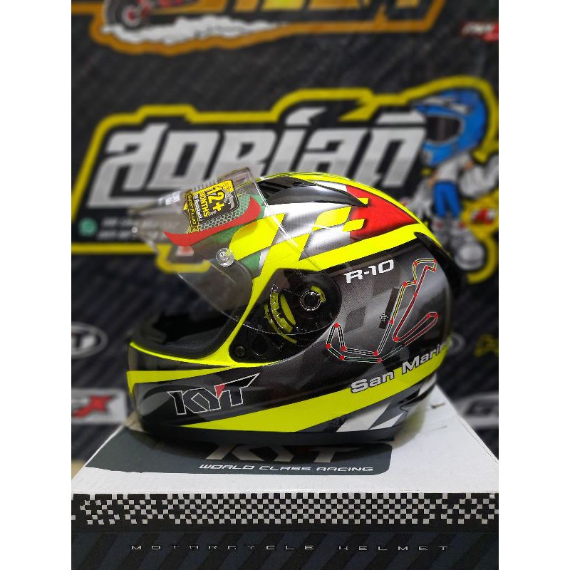 HELM KYT R10 RACE EDITION SAN MARINO YELLOW FLUO BLACK FLAT VISOR CLEAR HELM FULL FACE KYT R10 MURAH