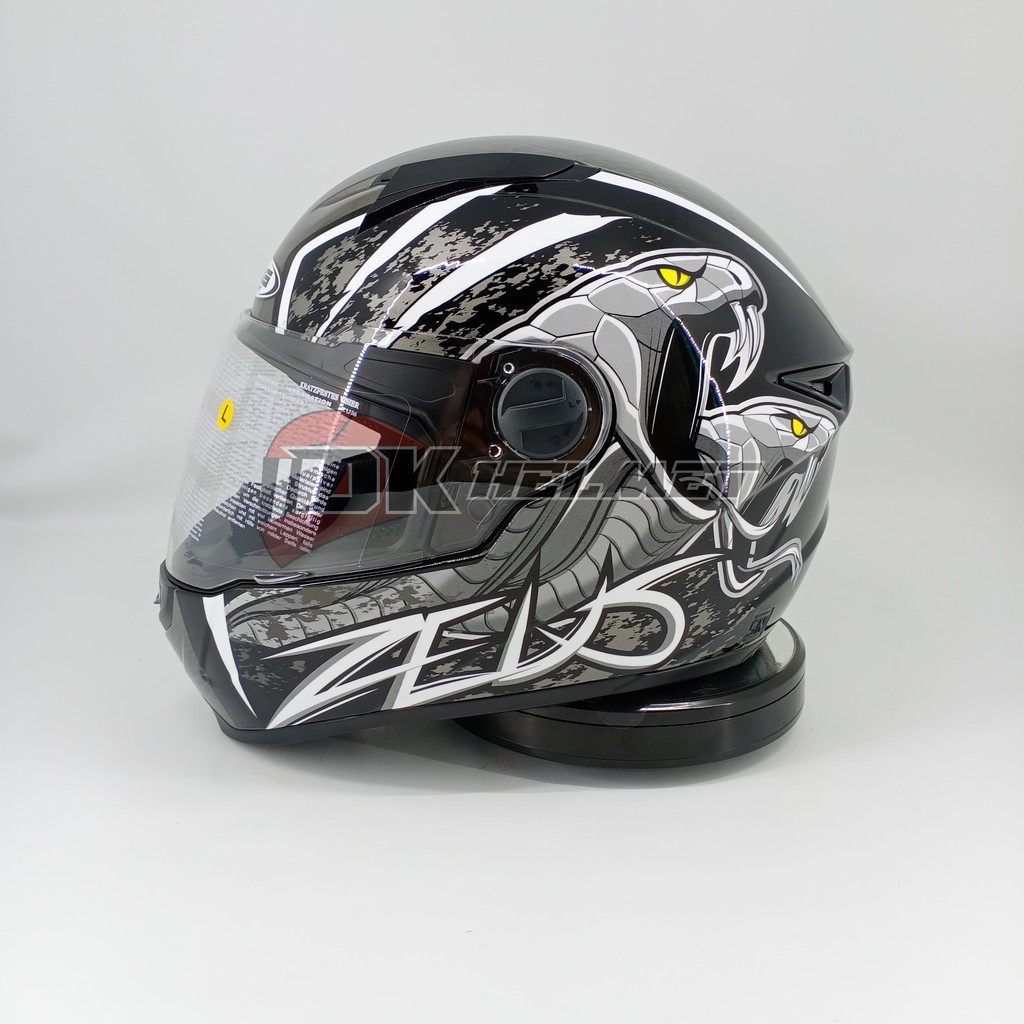 Helm Full Face Zeus ZS 811 Black AL48 White Motif Cobra Putih Silver Free Dark Visor Terbaru 2021