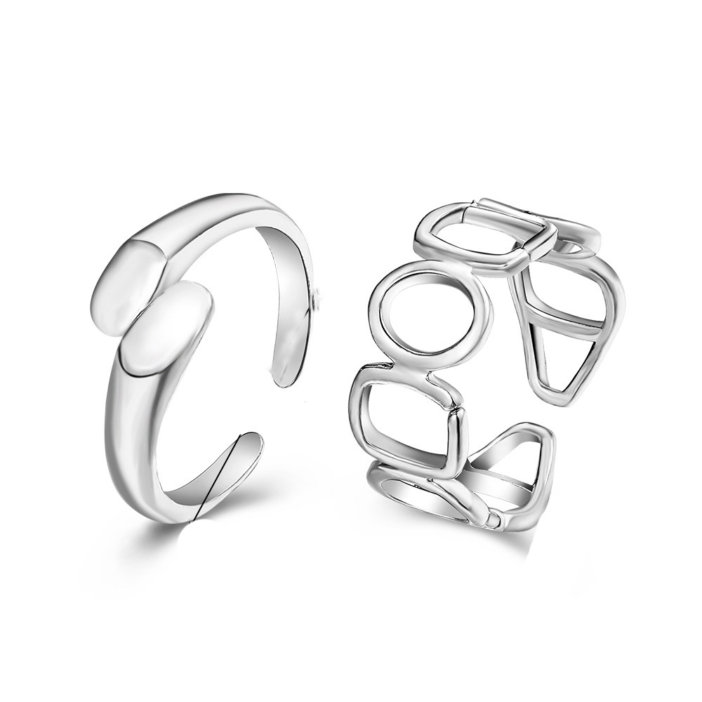 2pcs / Set Cincin Model Terbuka Bahan Metal Desain Geometri Hollow Warna Silver Gaya Simple / Trendy Adjustable Untuk Wanita