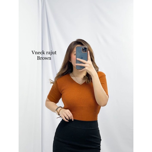 MDLV ~ V-Neck Rajut Atasan Rajut Atasan Kerah V Rajut Basic Fashion Wanita