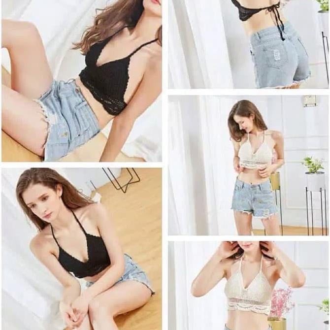 Terlaris Ttop Bralette Tali Ikat Leher Bra Bikini Brokat Renda Transparan - Hitam