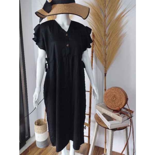 Dress Daster Polos Rayon Twill Busui Jumbo Murah Tangan Rempel Ruffle 2 susun