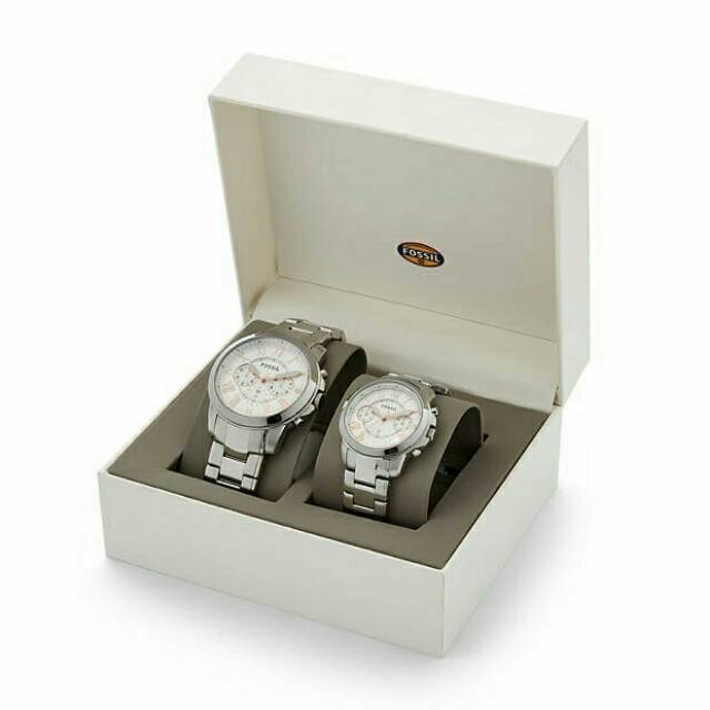 Jam Fossil Grant Couple Set Silver Stainless Steel Original