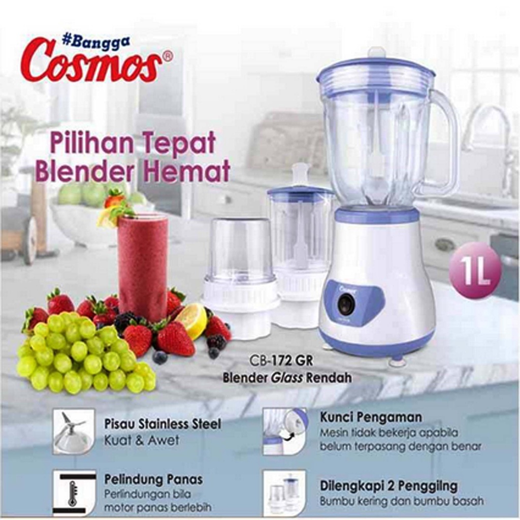 Blender Cosmos Plastik Kaca Blenz 2 in 1 3 in 1 4 in 1 2in1 3in1 1 Liter 1.2 1.5 2 Liter Blender Belender Blander Cosmos  Plastik Kaca CB 1001 101 171 180190 172 282 281 522 N G P GR Dual Blade Penghancur Es Penggiling Bumbu Kering Basah Portable Mini