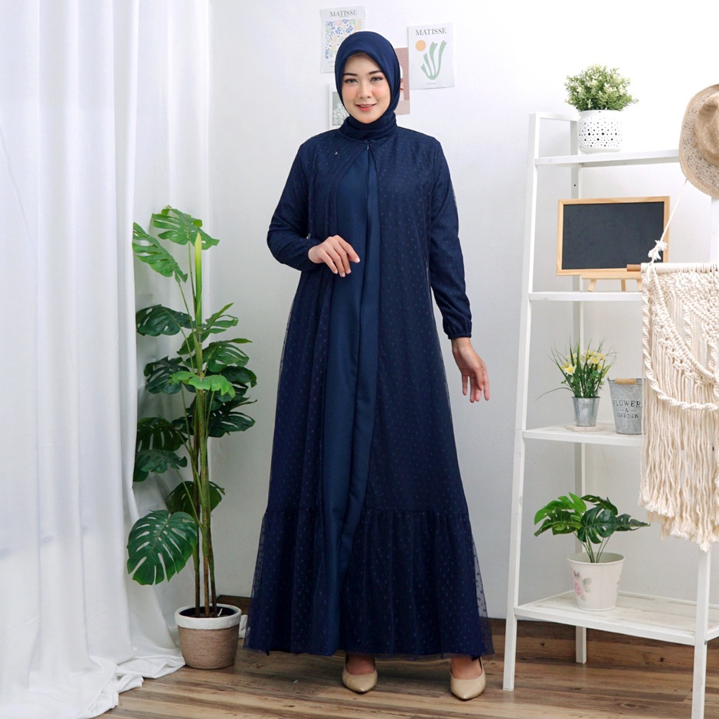 Haliya Dress Bahan Moscrepe mix Tile Dot Size M L XL XXL 4XL / Dress Pesta Kondangan / Gamis Kondangan / Dress baju Bridersmit / Baju Muslim Wanita Lengan Panjang / Dress Wanita Jumbo