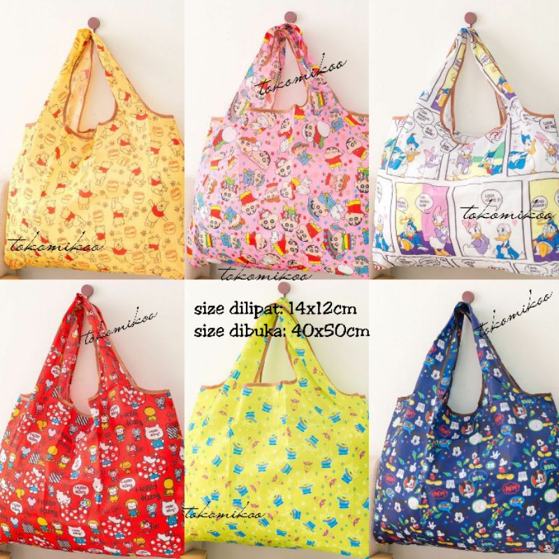 Tas belanja lipat / folding bag Snoopy Mickey Minnie Cinnamoroll Stitch Pompompurin Tsum