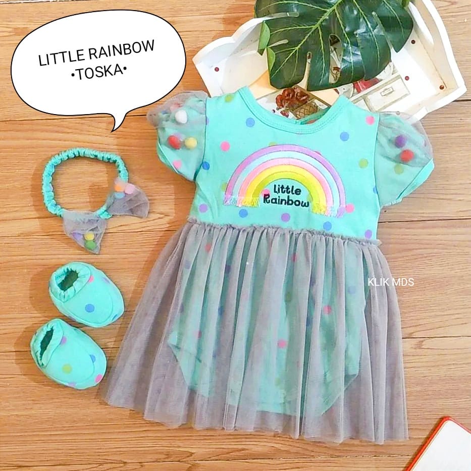 Jumper Bayi Perempuan Set Anak Cewek Free Sepatu, Headband, Rok Tutu Nempel, Motif Little Rainbow