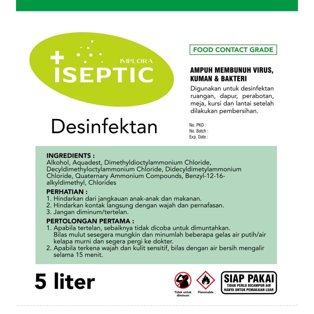 DESINFEKTAN 5 LITER &amp; HAND SANITIZER GEL 1 L IMPLORA ICARE ISEPTIC BPOM KEMENKES 5L + 1L MOISTURIZER