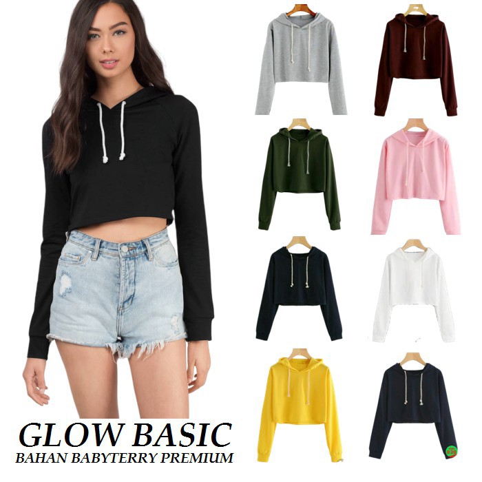 SWEATER CROP HOODIE TERBARU BLACKPINK/ MichelleStore Sweater Glow Crop Hoodie Basic Polos