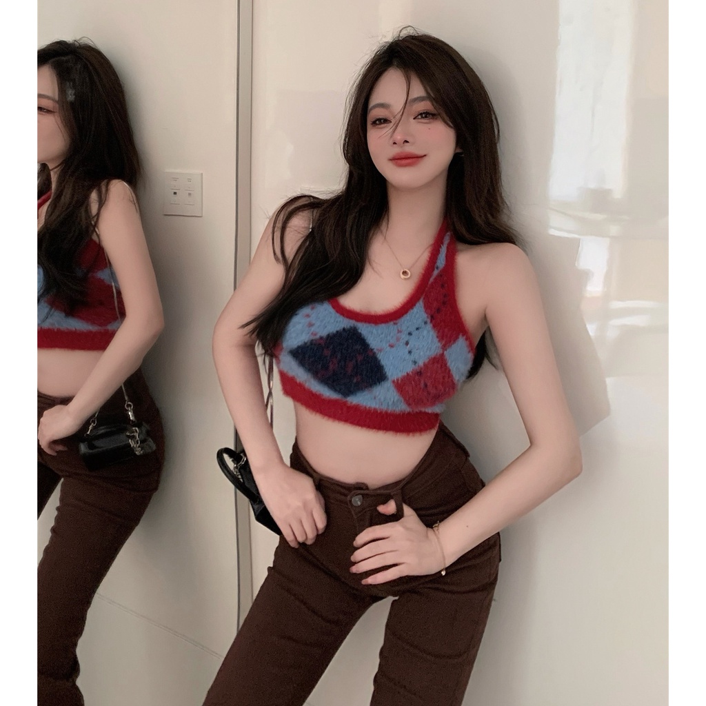 Tali halter tube top rajutan rompi atasan bottoming pendek