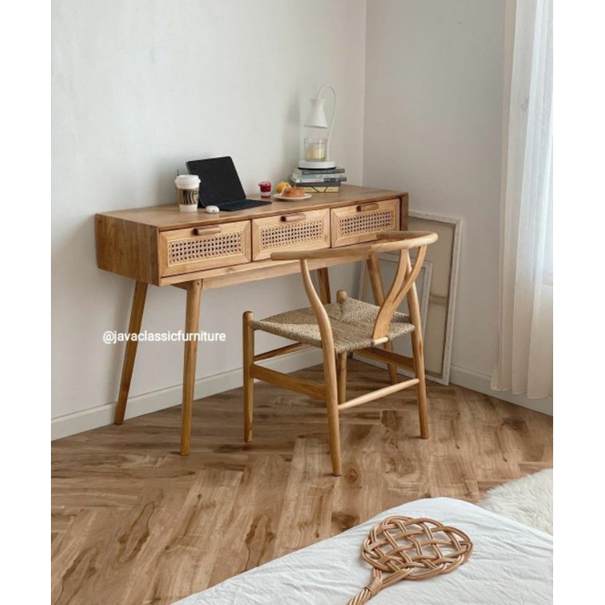 SET MEJA KERJA KANTOR BELAJAR LAPTOP KOMPUTER KAYU JATI KOMBINASI ROTAN PLUS KURSI DUDUK SANTAI RETRO FINISHING NATURAL VINTAGE MURAH BERKUALITAS FURNITURE JEPARA