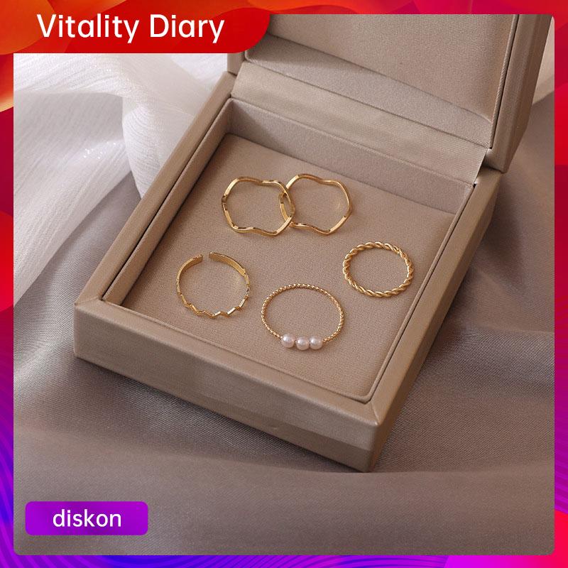 5pcs/set cincin wanita mutiara geometris gaya korea fashion aksen berlian imitasi aksesoris aksen berlian imitasi ring-5