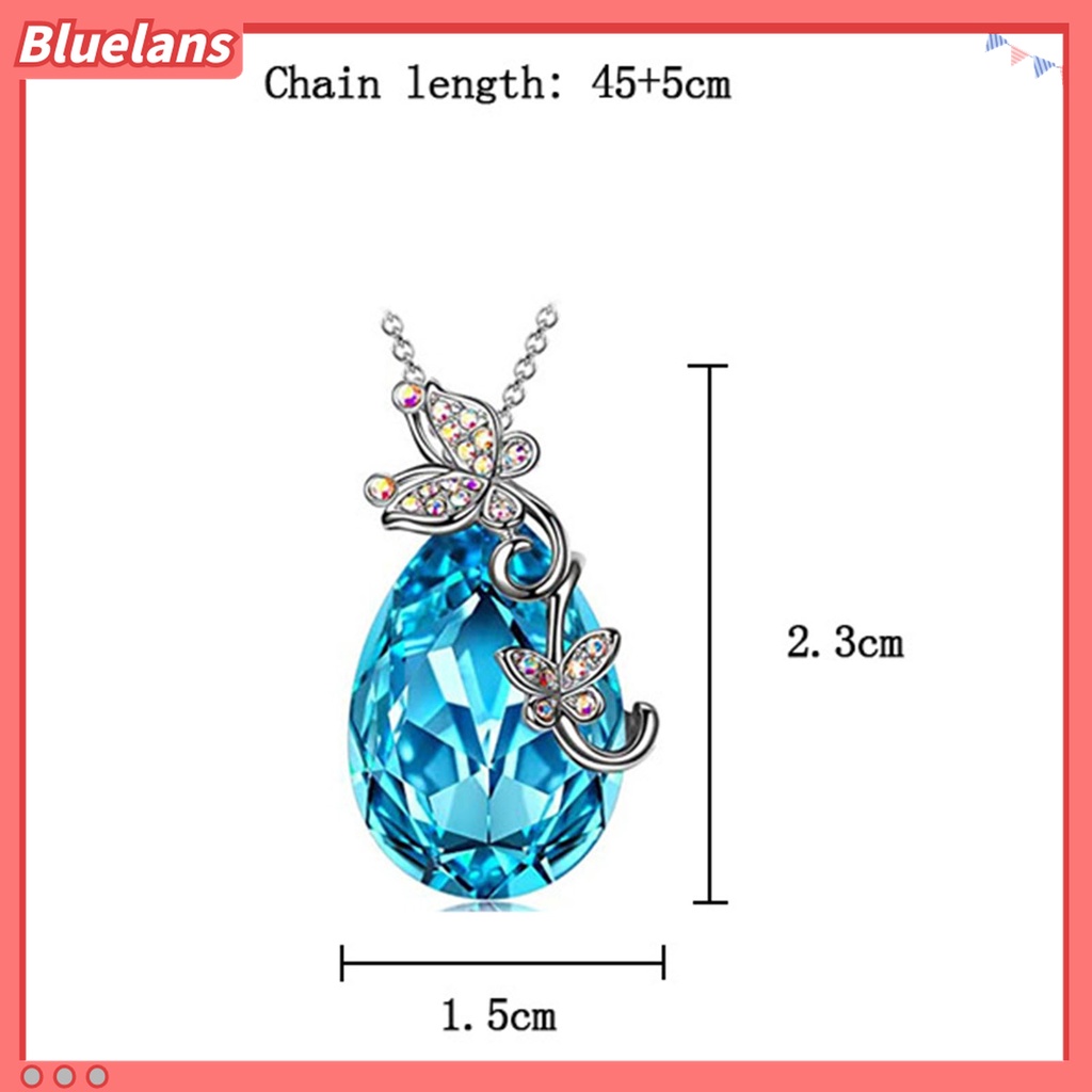 Kalung Rantai Desain Butterfly Waterdrop Aksen Kristal Imitasi Warna Biru Bahan Silver Plated Untuk Wanita