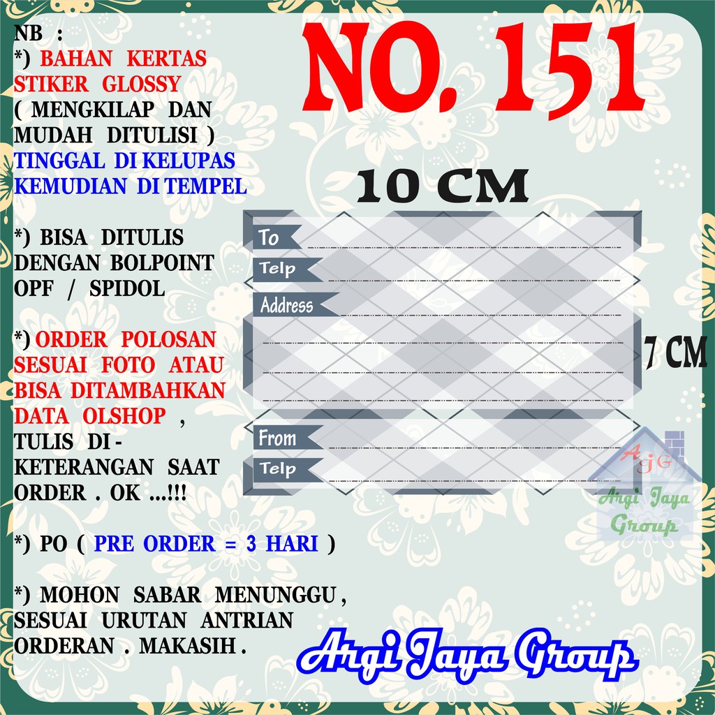 

Stiker Pengiriman - Sticker Alamat Olshop Murah Nomer 151 - 10x7 cm - Glossy