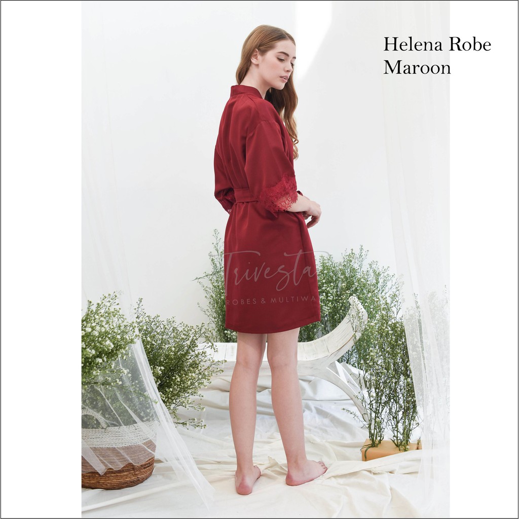 Helena Robe in Maroon - KIMONO PENGANTIN / BRIDESMAID SATIN  &amp; BROKAT  + FREE BORDIR (TULISAN BEBAS)