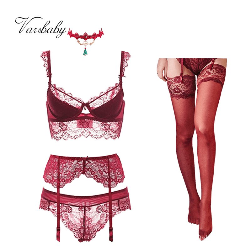 Varsbaby sexy lace push up bra sets bra+panties+garter+stockings+necklace Christmas 5 Pcs/Lots