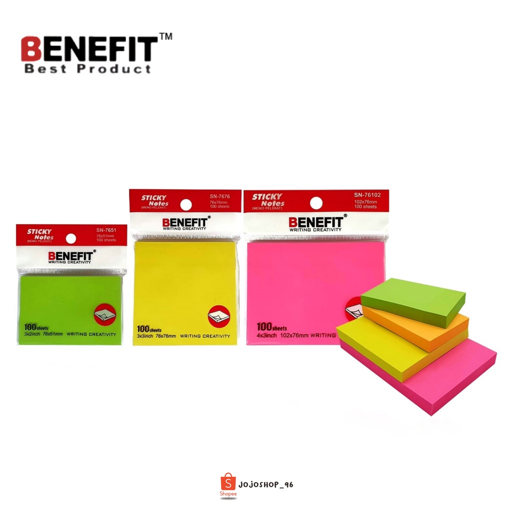 

Memo Pelekat Sticky Notes Kertas BENEFIT SN-7676T Ukuran 76x76mm Isi 100 Sheets