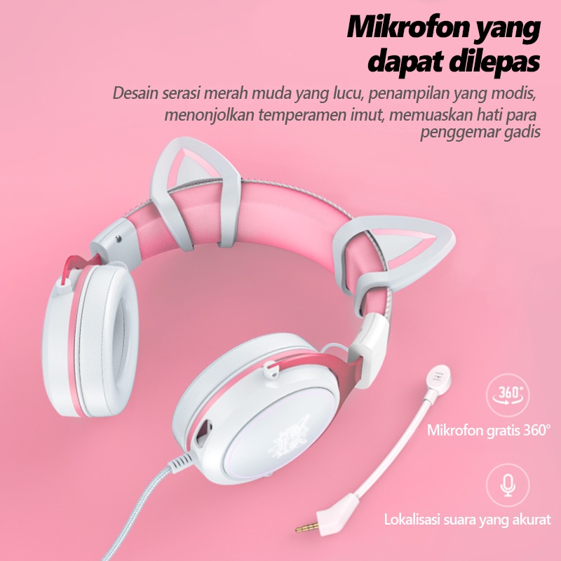 ONIKUMA X10 Pink Cute Cat Ears RGB Head-Mounted PC Gaming Headset RGB Earphone Pembatalan Kebisingan Headphone Gaming