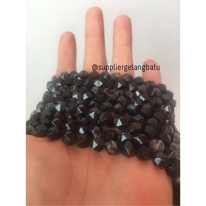 batu faceted hexagon Stone 8mm black obsidian akik bahan gelang kalung aksesoris craft hitam gelap