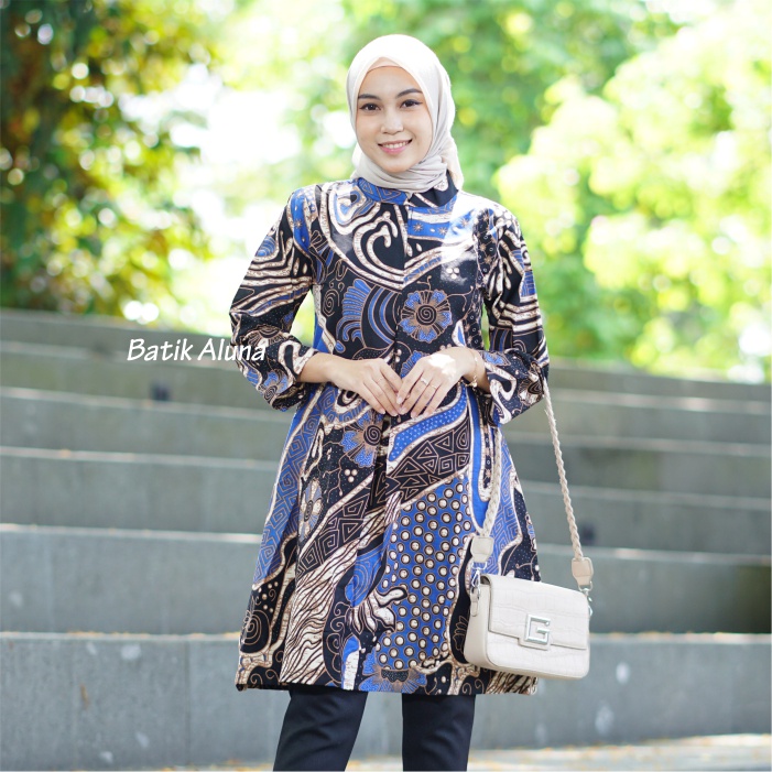 Tunik Atasan Batik Wanita Lengan Panjang Modern Premium Kantor Jumbo Terbaru  FASHION BATIK ALUNA