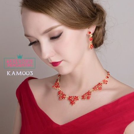 [READY STOCK] ANTING PENGANTIN AKSESORIS KALUNG NECKLACE WEDDING MERAH KAM003